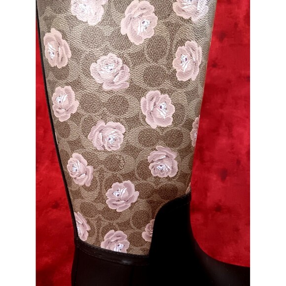 Coach Rain Boots Size 10B Tan & Dark Brown With Pink Floral Print NOB - Picture 2 of 9